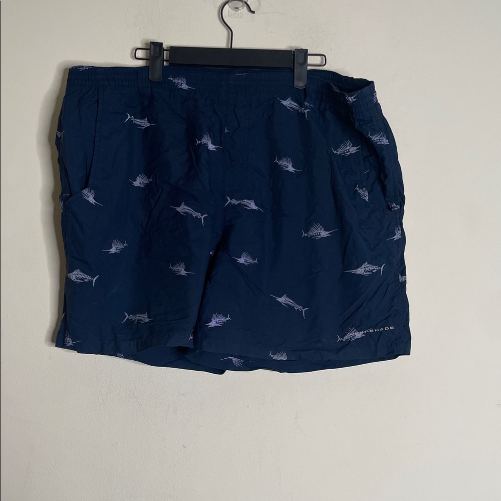 Columbia Men's Dark Blue Swim Trunks with Light Blue Marlin Print